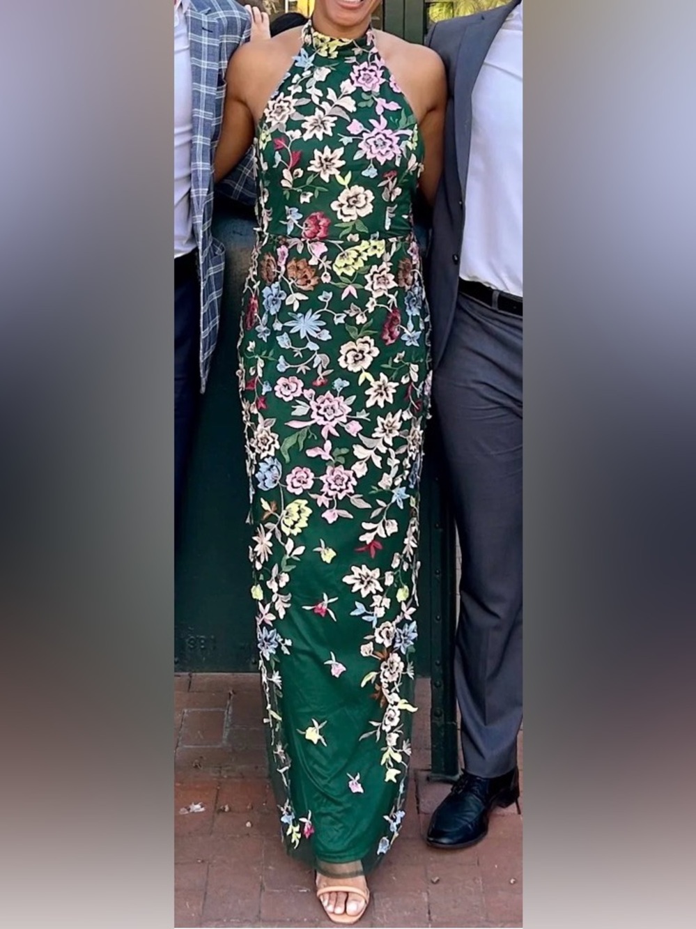 EUC Lulus Infinite Praise Emerald 3D Floral Embroidered Maxi Dress size medium